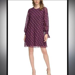 Calvin Klein Printed Shift Dress Semi-Sheer Sleeves 8